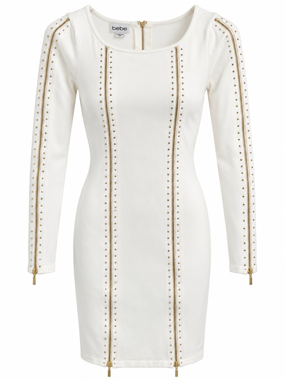 bebe Cream Long Sleeve Studded Zipper Sweater Dress